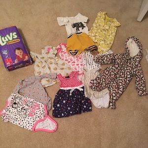 3-6 month baby girl lot with size 1 new diapers